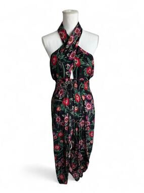 MISA Los Angeles Floral Halter Jumpsuit NEW Black Red Print Women’s Large